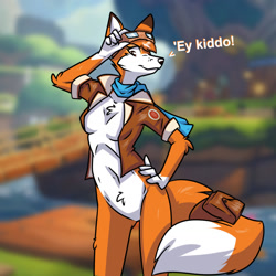 Size: 1280x1280 | Tagged: suggestive, artist:ryofox630, lyra swiftail (super lucky's tale), canine, fox, mammal, anthro, super lucky's tale, bottomless, clothes, digital art, ears, female, fur, goggles, jacket, nudity, orange body, orange fur, partial nudity, scarf, solo, solo female, strategically covered, tail, text, topwear, white body, white fur