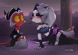 Size: 2048x1449 | Tagged: safe, artist:jizokuart, loona (vivzmind), moxxie (vivzmind), canine, demon, fictional species, hellhound, imp, mammal, anthro, digitigrade anthro, humanoid, hazbin hotel, helluva boss, 2023, anthro/humanoid, blushing, candy, clothes, colored sclera, crop top, cropped shirt, duo, duo male and female, female, food, infidelity, interspecies, lidded eyes, lying down, male, male/female, midriff, moxna (vivzmind), on side, outdoors, pocky, red sclera, shipping, sitting, topwear