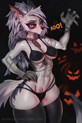 Size: 853x1280 | Tagged: suggestive, artist:johnfoxart, loona (vivzmind), canine, fictional species, hellhound, mammal, anthro, hazbin hotel, helluva boss, 2023, bra, bracelet, breasts, cleavage, clothes, colored sclera, costume, ear piercing, female, halloween, halloween costume, hand on hip, holiday, jack-o-lantern, jewelry, legwear, looking at you, makeup, noose, panties, piercing, pumpkin, red sclera, running makeup, solo, solo female, stitches, thigh highs, underwear
