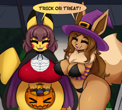 Size: 2014x1830 | Tagged: safe, artist:i_am_kat95, eevee, eeveelution, fictional species, mammal, pikachu, anthro, nintendo, pokémon, 2023, big breasts, bikini, breasts, candy, clothes, costume, detailed background, digital art, duo, duo female, ears, eyelashes, eyes closed, female, females only, fluff, food, fur, hair, halloween, halloween costume, hat, headwear, leotard, neck fluff, pumpkin bucket, swimsuit, tail, thighs, wide hips, witch hat