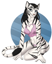 Size: 1728x2132 | Tagged: suggestive, artist:iumm3n, oc, oc only, big cat, feline, mammal, tiger, anthro, digitigrade anthro, 2023, breasts, clothes, corset, digital art, ears, eyelashes, female, fur, hair, kneeling, panties, pose, simple background, solo, solo female, tail, thighs, underwear, wide hips