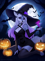 Size: 1200x1625 | Tagged: safe, artist:layala, oc, oc only, canine, fox, mammal, anthro, digitigrade anthro, 2023, bedroom eyes, breasts, clothes, commission, costume, digital art, ears, eyelashes, female, fur, hair, halloween, halloween costume, hat, headwear, kneeling, legwear, looking at you, solo, solo female, stockings, tail, thighs, vixen, wide hips, witch costume, witch hat, ych result
