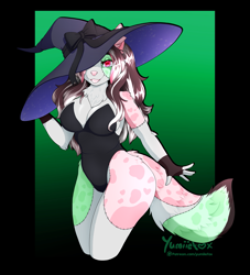 Size: 1701x1873 | Tagged: safe, artist:yumiiefox, oc, oc only, canine, fox, mammal, anthro, 2023, breasts, clothes, costume, digital art, ears, eyelashes, female, frankenstein's monster, fur, hair, halloween, halloween costume, hat, headwear, leotard, simple background, solo, solo female, tail, thighs, vixen, wide hips, witch hat