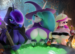 Size: 3840x2800 | Tagged: suggestive, artist:hooves-art, princess cadence (mlp), princess celestia (mlp), princess luna (mlp), alicorn, equine, fictional species, mammal, pony, anthro, friendship is magic, hasbro, my little pony, 2023, 3d, absolute cleavage, anthrofied, apple, armwear, boob window, bracelet, breasts, bubbles, cauldron, choker, cleavage, clothes, collar, container, dark blue body, detailed background, digital art, facial piercing, female, females only, fingerless long gloves, food, forest, fruit, group, hair, halloween, hat, headwear, holding, holding object, holiday, hood, hooded cloak, horn, huge breasts, jewelry, lip piercing, liquid, looking at you, multicolored hair, nipple outline, outdoors, piercing, pink body, pink eyes, plant, potion, spiked collar, standing, tree, trio, trio female, white body, witch hat