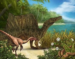 Size: 640x500 | Tagged: safe, official art, dinosaur, spinosaurus, feral, lifelike feral, ambiguous gender, ambiguous only, beach, duo, duo ambiguous, lioden, non-sapient, outdoors, realistic