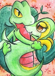 Size: 379x520 | Tagged: safe, artist:yommytheonly, fictional species, snivy, treecko, feral, nintendo, pokémon, 2010, branch, branch in mouth, bridal carry, carrying, carrying another, carrying partner, cute, duo, eyelashes, female, male, male/female, romantic, romantic couple, starter pokémon, suave