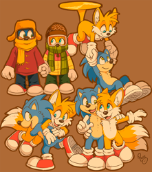 Size: 950x1074 | Tagged: safe, artist:pandapaco, miles "tails" prower (sonic), sonic the hedgehog (sonic), canine, fox, hedgehog, mammal, red fox, anthro, sega, sonic the hedgehog (series), sonic the hedgehog movie, 2022, blue body, blue eyes, blue fur, bottomwear, carrying, cheek fluff, chest fluff, clothes, coat, duo, duo male, fluff, flying, fur, gloves, green eyes, hat, headwear, holding, holding hands, male, males only, multiple tails, pants, quills, scarf, sneakers, tail, topwear, two tails, yellow body, yellow fur