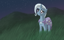 Size: 2048x1280 | Tagged: safe, artist:karidyas, trixie (mlp), equine, fictional species, mammal, pony, unicorn, friendship is magic, hasbro, my little pony, female, g4, grass, hill, hope, looking up, mare, moon, night, night sky, photoshop, reflection, sky, smiling, solo, solo female, stars, wallpaper