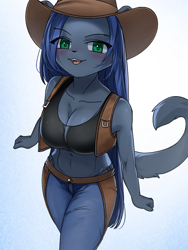 Size: 676x900 | Tagged: safe, artist:sleepyhelen, oc, oc only, cat, feline, mammal, anthro, 2023, belly button, black nose, bottomwear, breasts, clothes, commission, cowboy hat, crop top, ears, eyelashes, female, fur, hair, hat, headwear, jacket, pants, simple background, solo, solo female, tail, thighs, topwear, wide hips