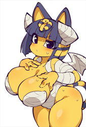 Size: 1359x2000 | Tagged: suggestive, artist:0807fukurou_ya, ankha (animal crossing), cat, feline, mammal, anthro, animal crossing, nintendo, 2023, black nose, blushing, breasts, clothes, ears, eyelashes, fake horns, female, fur, hair, huge breasts, leotard, looking at you, mummy costume, simple background, solo, solo female, tail, thighs, white background, wide hips