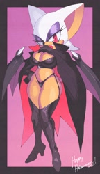 Size: 1378x2400 | Tagged: safe, artist:inkuusan, rouge the bat (sonic), bat, fictional species, mammal, undead, vampire, anthro, sega, sonic the hedgehog (series), 2023, bedroom eyes, bikini, black nose, boots, breasts, cape, cleavage, clothes, crop top, ears, eyelashes, eyeshadow, fangs, female, footwear, fur, gloves, hair, halloween, hand on hip, high heel boots, high heels, holiday, latex, legwear, lidded eyes, long gloves, looking at you, makeup, midriff, open mouth, panties, red eyes, sharp teeth, shoes, simple background, solo, solo female, swimsuit, tail, teeth, thigh high boots, thighs, thong, tongue, topwear, wide hips
