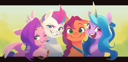 Size: 1809x883 | Tagged: safe, artist:ningukt, izzy moonbow (mlp), pipp petals (mlp), sunny starscout (mlp), zipp storm (mlp), earth pony, equine, fictional species, mammal, pegasus, pony, unicorn, feral, hasbro, my little pony, my little pony g5, spoiler:my little pony g5, 2023, cute, dreamworks face, feathered wings, feathers, female, group, horn, mare, quartet, royal sisters (g5), siblings, sister, sisters, wings