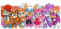 Size: 3250x1544 | Tagged: safe, artist:wizaria, amy rose (sonic), blaze the cat (sonic), princess sally acorn (sonic), rouge the bat (sonic), sticks the badger (sonic), tikal the echidna (sonic), wave the swallow (sonic), badger, bat, bird, cat, chipmunk, echidna, feline, hedgehog, mammal, monotreme, mustelid, rodent, songbird, swallow, anthro, archie sonic the hedgehog, sega, sonic boom (series), sonic riders, sonic the hedgehog (series), 2020, blazamy (sonic), border, female, females only, fur, group, lavender fur, quills, white border