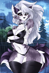 Size: 1575x2340 | Tagged: suggestive, artist:andromeda-james, loona (vivzmind), canine, fictional species, hellhound, mammal, anthro, helluva boss, 2023, absolute cleavage, arm under breasts, belly button, bikini, black bikini, black nose, black swimsuit, breasts, cleavage, clothes, crossed arms, detailed background, ears, evening gloves, eyelashes, female, fur, gloves, gray hair, hair, legwear, lidded eyes, long gloves, rain, solo, solo female, stockings, swimsuit, tail, thighs, white body, wide hips