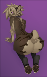Size: 852x1400 | Tagged: suggestive, artist:woolrool, oc, oc only, oc:falla, feline, mammal, saber-toothed cat, anthro, digitigrade anthro, 2022, all fours, breasts, brown body, brown fur, butt, clothes, collar, commission, detailed background, digital art, ears, eyelashes, female, fur, hair, legwear, nudity, paw pads, paws, presenting, purple background, purple eyes, rear view, short tail, sideboob, simple background, solo, solo female, stockings, tail, thighs, wide hips