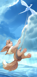 Size: 872x1800 | Tagged: safe, artist:2d10art, eevee, eeveelution, fictional species, legendary pokémon, lugia, mammal, feral, nintendo, pokémon, 2023, 2d, brown body, brown fur, brown hair, casual nudity, complete nudity, cute, detailed background, digital art, duo, ears, feathers, flying, fur, hair, happy, nudity, open mouth, outdoors, paw pads, paws, signature, tail, water