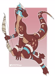 Size: 2062x2861 | Tagged: safe, artist:waga, fictional species, kobold, reptile, anthro, 2023, ambiguous gender, border, bow (weapon), head frill, tail, thick thighs, thighs, weapon, white border, wide hips