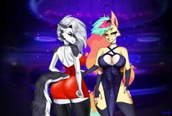 Size: 2331x1580 | Tagged: safe, artist:zhadart, loona (vivzmind), queen bee-lzebub (vivzmind), arthropod, bee, canine, demon, fennec fox, fictional species, fox, hellhound, hybrid, insect, mammal, anthro, hazbin hotel, helluva boss, 2023, absolute cleavage, bare shoulders, bedroom eyes, bottomwear, breasts, butt, cleavage, cleavage window, clothes, colored sclera, deadly sin, dress, duo, duo female, female, females only, legwear, looking at you, looking back, looking back at you, multiple arms, multiple limbs, rear view, red sclera, side slit, sin of gluttony, smiling, smiling at you, thigh highs, total sideslit, vixen