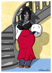 Size: 1000x1400 | Tagged: safe, artist:flashpointgear, bovid, goat, mammal, anthro, unguligrade anthro, 2023, border, bottomwear, clothes, dress, female, hand on hip, hooves, horns, indoors, signature, solo, solo female, white border