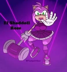 Size: 1300x1400 | Tagged: safe, artist:flashpointgear, amy rose (sonic), anthro, sega, sonic the hedgehog (series), 2023, bottomwear, clothes, doll, dollification, female, mallet, skirt, solo, solo female