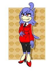 Size: 1000x1400 | Tagged: safe, artist:flashpointgear, oc, oc only, bird, sega, sonic the hedgehog (series), 2023, abstract background, bedroom eyes, clothes, eyelashes, female, high heels, necktie, red eyes, shoes, smirk, solo, solo female, suit