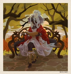 Size: 1978x2048 | Tagged: safe, artist:menthaam, fictional species, kobold, reptile, anthro, bench, book, border, bottomwear, bracelet, choker, clothes, dress, female, horns, jewelry, lidded eyes, looking down, open toe footwear, outdoors, reading, ring, shawl, sitting, solo, solo female, white border