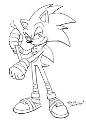 Size: 620x876 | Tagged: safe, artist:tracy yardley, sonic the hedgehog (sonic), hedgehog, mammal, anthro, sega, sonic boom (series), sonic the hedgehog (series), clothes, full body, gloves, grayscale, looking at you, male, monochrome, quills, shoes, simple background, smiling, smiling at you, solo, solo male, tail, white background