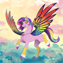 Size: 1600x1600 | Tagged: safe, artist:sunny way, pipp petals (mlp), equine, fictional species, mammal, pegasus, pony, feral, hasbro, my little pony, my little pony g5, spoiler:my little pony g5, artwork, bridlewoodstock, cloud, cute, digital art, feathers, female, g5 mlp, happy, mare, open mouth, shiny, smiling, solo, solo female, wings