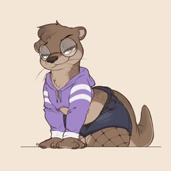 Size: 2500x2500 | Tagged: safe, artist:louart, mammal, mustelid, otter, anthro, 2023, ambiguous gender, bedroom eyes, clothes, crop top, cropped hoodie, fishnet, fishnet stockings, glasses, hoodie, jean shorts, legwear, round glasses, see-through, stockings, tail, thick thighs, thighs, topwear, wide hips