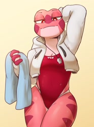 Size: 1409x1906 | Tagged: safe, artist:sonokido, amphibian, frog, anthro, 2023, big breasts, breasts, clothes, female, hoodie, lifeguard, one-piece swimsuit, solo, solo female, swimsuit, thick thighs, thighs, topwear, wide hips