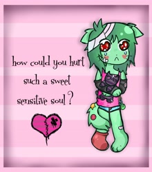 Size: 3599x4096 | Tagged: safe, artist:dogpekitty, oc, oc only, anthro, 2023, crying, emo, female, fur, green body, green fur, sad, solo, solo female, young