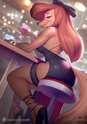 Size: 897x1269 | Tagged: safe, alternate version, artist:pakwan008, dixie (the fox and the hound), canine, dog, mammal, saluki, anthro, disney, the fox and the hound, 2023, bar, bedroom eyes, black nose, blushing, bottomwear, breasts, butt, chair, clothes, digital art, dress, ears, eyelashes, female, fur, hair, high heels, looking at you, looking back, looking back at you, pose, rear view, shoes, sideboob, sitting, solo, solo female, tail, thighs, wide hips