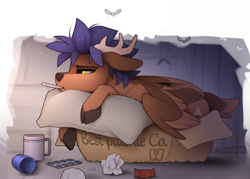 Size: 1200x859 | Tagged: safe, artist:yakovlev-vad, oc, oc:arny (yakovlev-vad), bird, cervid, deer, fictional species, hybrid, mammal, peryton, feral, 2023, antlers, box, brown body, brown fur, cloven hooves, container, digital art, ears, feathers, fur, hair, hooves, lying down, male, purple hair, sick, side view, solo, solo male, tail, unamused, wings, yellow eyes