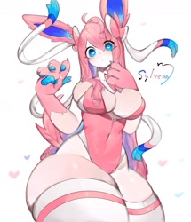 Size: 1524x1768 | Tagged: safe, artist:toge77789, eeveelution, fictional species, mammal, sylveon, anthro, nintendo, pokémon, 2023, belly button, breasts, clothes, digital art, ears, eyelashes, female, fur, hair, legwear, leotard, looking at you, ribbons (body part), simple background, solo, solo female, stockings, tail, thick thighs, thighs, white background, wide hips