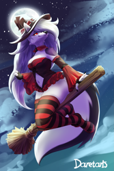 Size: 1133x1700 | Tagged: safe, artist:daretaris, loona (vivzmind), canine, fictional species, hellhound, mammal, anthro, digitigrade anthro, hazbin hotel, helluva boss, 2023, belly button, bottomwear, breasts, broom, clothes, colored sclera, costume, detailed background, digital art, dress, ears, eyelashes, female, flying, fur, hair, halloween, halloween costume, hat, headwear, holiday, legwear, red sclera, solo, solo female, stockings, tail, thighs, wide hips, witch costume, witch hat