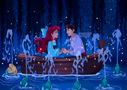 Size: 1191x842 | Tagged: safe, artist:hollybell, ariel (the little mermaid), flounder (the little mermaid), arthropod, firefly, fish, human, insect, mammal, feral, disney, the little mermaid (disney), blue dress, boat, bow, duo, female, hair, hair bow, humanized, lagoon, male, prince eric (the little mermaid), red hair, species swap, water