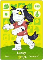Size: 1280x1780 | Tagged: safe, artist:popfizzles, lucky (animal crossing), canine, dog, mammal, anthro, animal crossing, nintendo, 2d, bandage, card, clothes, male, shirt, signature, solo, solo male, t-shirt, text, topwear, walking