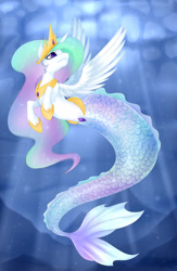 Size: 828x1272 | Tagged: safe, artist:scarlet-spectrum, princess celestia (mlp), fictional species, fish, mammal, seapony, feral, friendship is magic, hasbro, my little pony, 2016, 2d, crown, female, fins, fish tail, headwear, jewelry, necklace, regalia, solo, solo female, sparkly hair, sparkly mane, tail, underwater, water