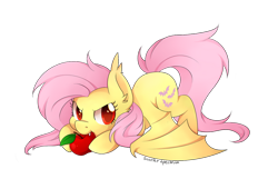 Size: 1024x661 | Tagged: safe, artist:scarlet-spectrum, flutterbat (mlp), fluttershy (mlp), bat pony, equine, fictional species, mammal, pegasus, pony, feral, friendship is magic, hasbro, my little pony, 2016, 2d, apple, cute, eating, face down ass up, female, food, fruit, looking at you, mare, signature, simple background, solo, solo female, species swap, transparent background