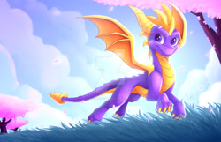Size: 1024x660 | Tagged: safe, artist:scarlet-spectrum, spyro the dragon (spyro), dragon, fictional species, western dragon, feral, spyro the dragon (series), 2018, 2d, cherry blossoms, cloud, grass, looking at you, male, plant, sky, smiling, smiling at you, solo, solo male, tree