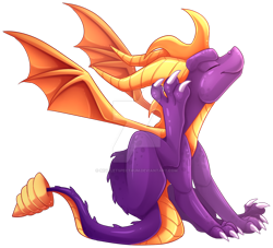 Size: 938x852 | Tagged: safe, artist:scarlet-spectrum, spyro the dragon (spyro), dragon, fictional species, western dragon, feral, spyro the dragon (series), 2018, 2d, cute, deviantart watermark, male, scratching, simple background, sitting, smiling, solo, solo male, transparent background, watermark