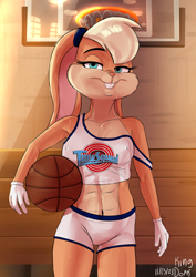 Size: 1614x2283 | Tagged: suggestive, artist:psychonundrum, lola bunny (looney tunes), lagomorph, mammal, rabbit, anthro, looney tunes, space jam, warner brothers, 2023, ball, basketball, bedroom eyes, belly button, bottomwear, breasts, clothes, detailed background, digital art, ears, eyelashes, female, fur, hair, nipple outline, pink nose, shorts, solo, solo female, sports bra, sports shorts, sweat, tail, thighs, topwear, wide hips