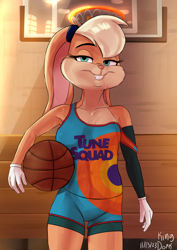 Size: 1614x2283 | Tagged: safe, alternate version, artist:psychonundrum, lola bunny (looney tunes), lagomorph, mammal, rabbit, anthro, looney tunes, space jam, space jam: a new legacy, warner brothers, 2023, ball, basketball, bedroom eyes, bottomwear, breasts, clothes, detailed background, digital art, ears, eyelashes, female, fur, hair, pink nose, shorts, solo, solo female, sports shirt, sports shorts, sweat, tail, thighs, wide hips