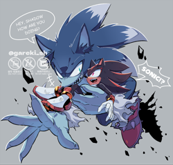 Size: 900x859 | Tagged: safe, artist:gareki-sh, shadow the hedgehog (sonic), sonic the hedgehog (sonic), sonic the werehog (sonic), hedgehog, mammal, anthro, sega, sonic the hedgehog (series), sonic unleashed, 2023, duo, duo male, english text, male, male/male, males only, shipping, sonadow (sonic), text, werebeast, werehog