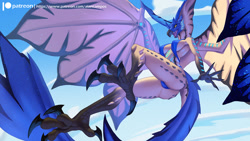 Size: 1800x1013 | Tagged: suggestive, artist:alanscampos, dragon, fictional species, legiana, reptile, wyvern, anthro, digitigrade anthro, monster hunter, 2023, belly button, bikini, breasts, cameltoe, claws, clothes, detailed background, digital art, ears, eyelashes, female, flying, low angle, open mouth, scales, sharp teeth, solo, solo female, spread wings, swimsuit, tail, teeth, thighs, tongue, wide hips, wings