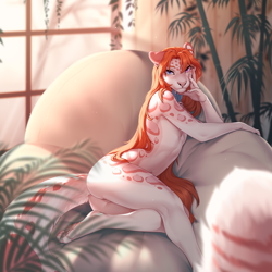 Size: 1500x1500 | Tagged: suggestive, artist:smileeeeeee, oc, oc:accelo, big cat, feline, mammal, snow leopard, anthro, 2023, blue eyes, butt, cream body, cream fur, digital art, ears, femboy, fur, hair, heterochromia, looking at you, male, nudity, paw pads, paws, pink body, pink eyes, pink fur, pinup, red hair, sitting, solo, solo male, spots, spotted fur, tail