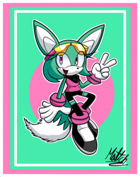 Size: 1280x1617 | Tagged: safe, artist:m4ttch2306, sonar the fennec (sonic), canine, fennec fox, fox, mammal, anthro, archie sonic the hedgehog, sega, sonic the hedgehog (series), 2023, abstract background, black nose, black scarf, black socks, boots, clothes, colored tongue, digital art, dipstick tail, female, fluff, gesture, gloves, goggles, goggles on head, looking at you, multicolored tail, open mouth, peace sign, pink eyes, pink shirt, red tongue, shoes, smiling, smiling at you, solo, solo female, tail, tail fluff, teal body, tongue, two toned tail, watermark, white gloves, white tail