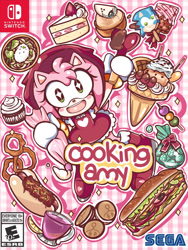 Size: 827x1100 | Tagged: safe, alternate version, artist:piink__rose, amy rose (sonic), sonic the hedgehog (sonic), hedgehog, mammal, nintendo, nintendo switch, sega, sonic the hedgehog (series), cake, cookie, cooking mama, crossover, drink, female, food, hot dog, ice cream, logo, looking at you, popsicle, solo, solo female, tea