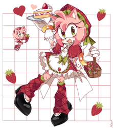 Size: 841x950 | Tagged: safe, artist:piink__rose, amy rose (sonic), hedgehog, mammal, sega, sonic the hedgehog (series), basket, berry, cake, chibi, container, female, food, fruit, green eyes, heart, looking at you, solo, solo female, strawberry