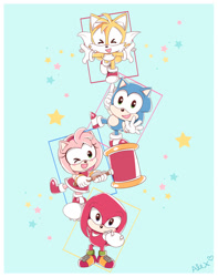 Size: 828x1051 | Tagged: safe, artist:piink__rose, amy rose (sonic), knuckles the echidna (sonic), miles "tails" prower (sonic), sonic the hedgehog (sonic), canine, echidna, fox, hedgehog, mammal, monotreme, sega, sonic the hedgehog (series), ><, chibi, female, group, hammer, looking at you, male, piko piko hammer
